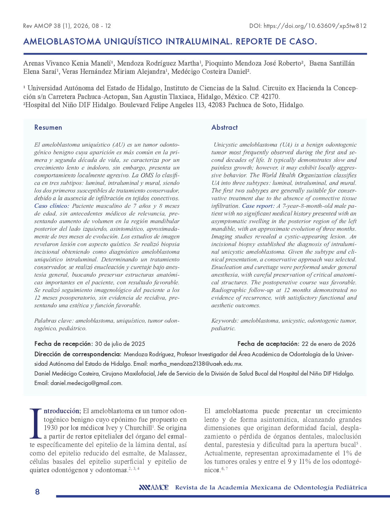 V38N1 A1 - Ameloblastoma Uniquístico Intraluminal. Reporte de caso