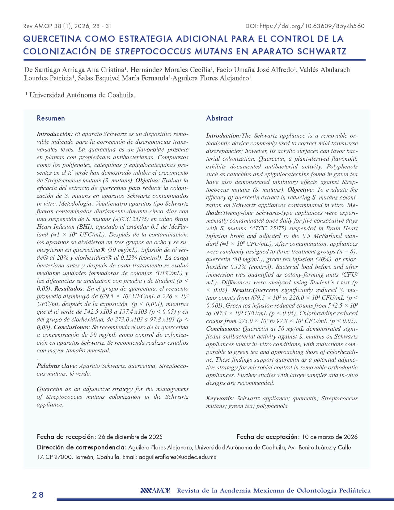 V38N1 A5- Quercetina como estrategia adicional para el control de la colonización de Streptococcus Mutans en aparato Schwartz